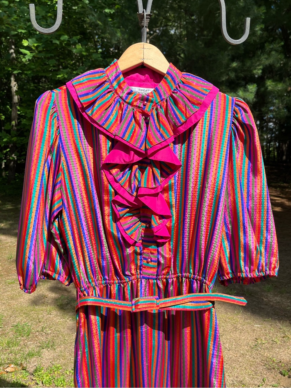 70s Sears Colorful Striped Circus Clown Ruffle Collar Midi Dress Size 14 Retro - Picture 2 of 16